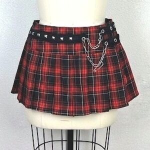 Tripp NYC Skirt Large Red Black Plaid Pleated Micro Mini Chain Studded Goth Punk